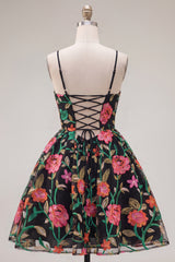 A-Line Black Red Flower Embroidered Homecoming Dress with Lace Up Back