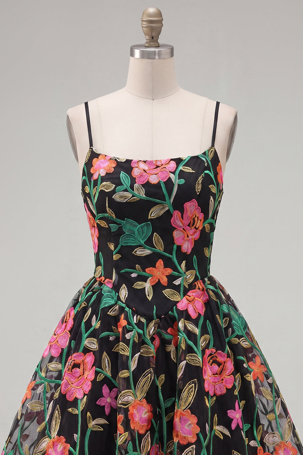 A-Line Black Red Flower Embroidered Homecoming Dress with Lace Up Back