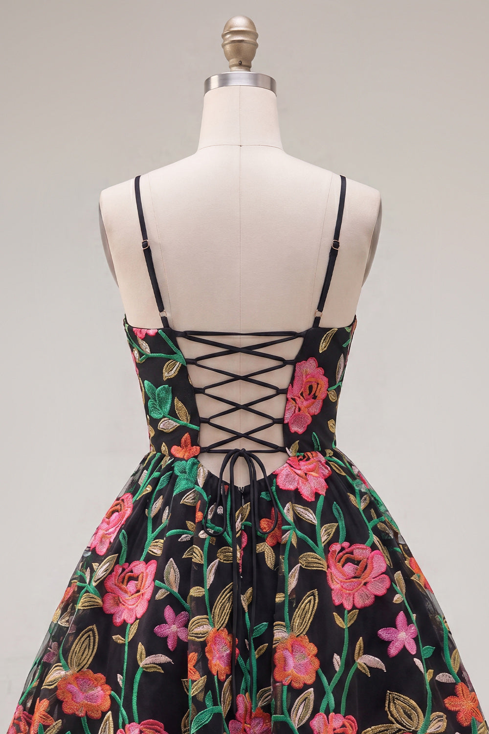 A-Line Black Red Flower Embroidered Homecoming Dress with Lace Up Back