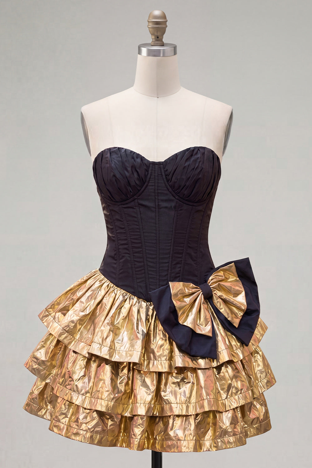 A-Line Black Golden Tiered Sweetheart Corset 80s Homecoming Dress with Bow