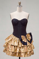 A-Line Black Golden Tiered Sweetheart Corset 80s Homecoming Dress with Bow