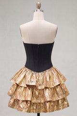 A-Line Black Golden Tiered Sweetheart Corset 80s Homecoming Dress with Bow