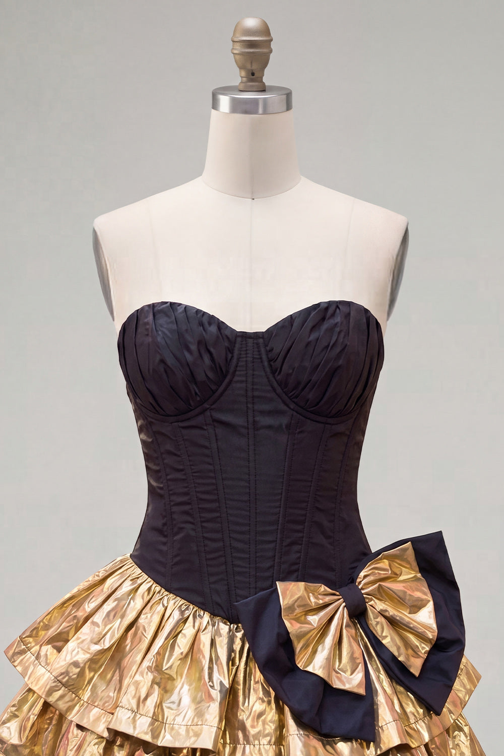 A-Line Black Golden Tiered Sweetheart Corset 80s Homecoming Dress with Bow