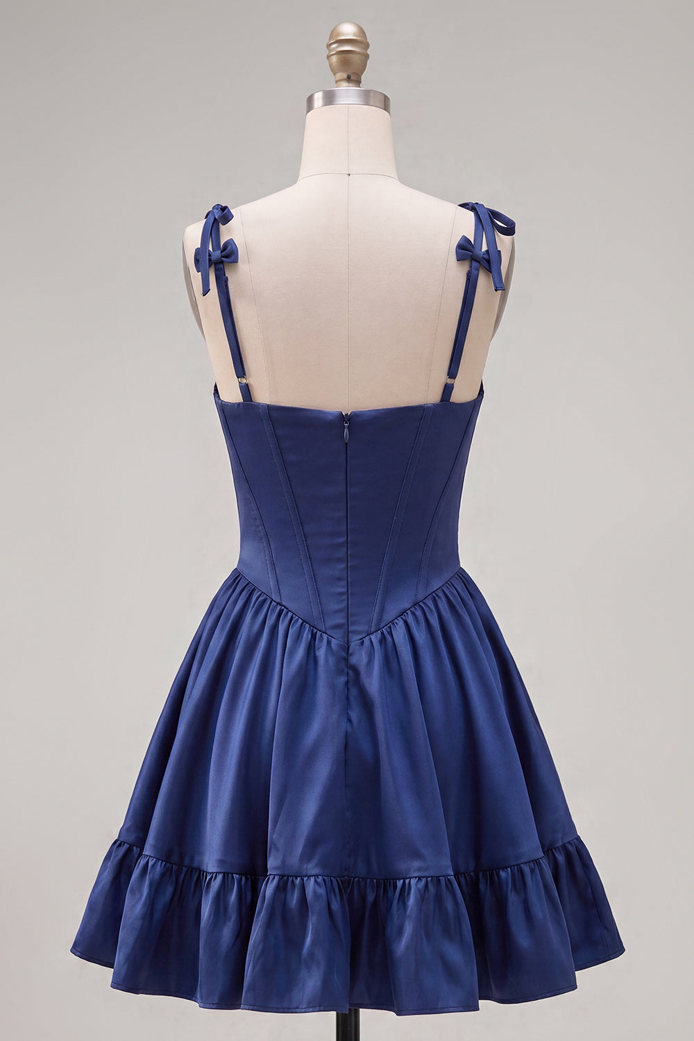 A-Line Navy Corset Spaghetti Straps Homecoming Dress with Ruffles