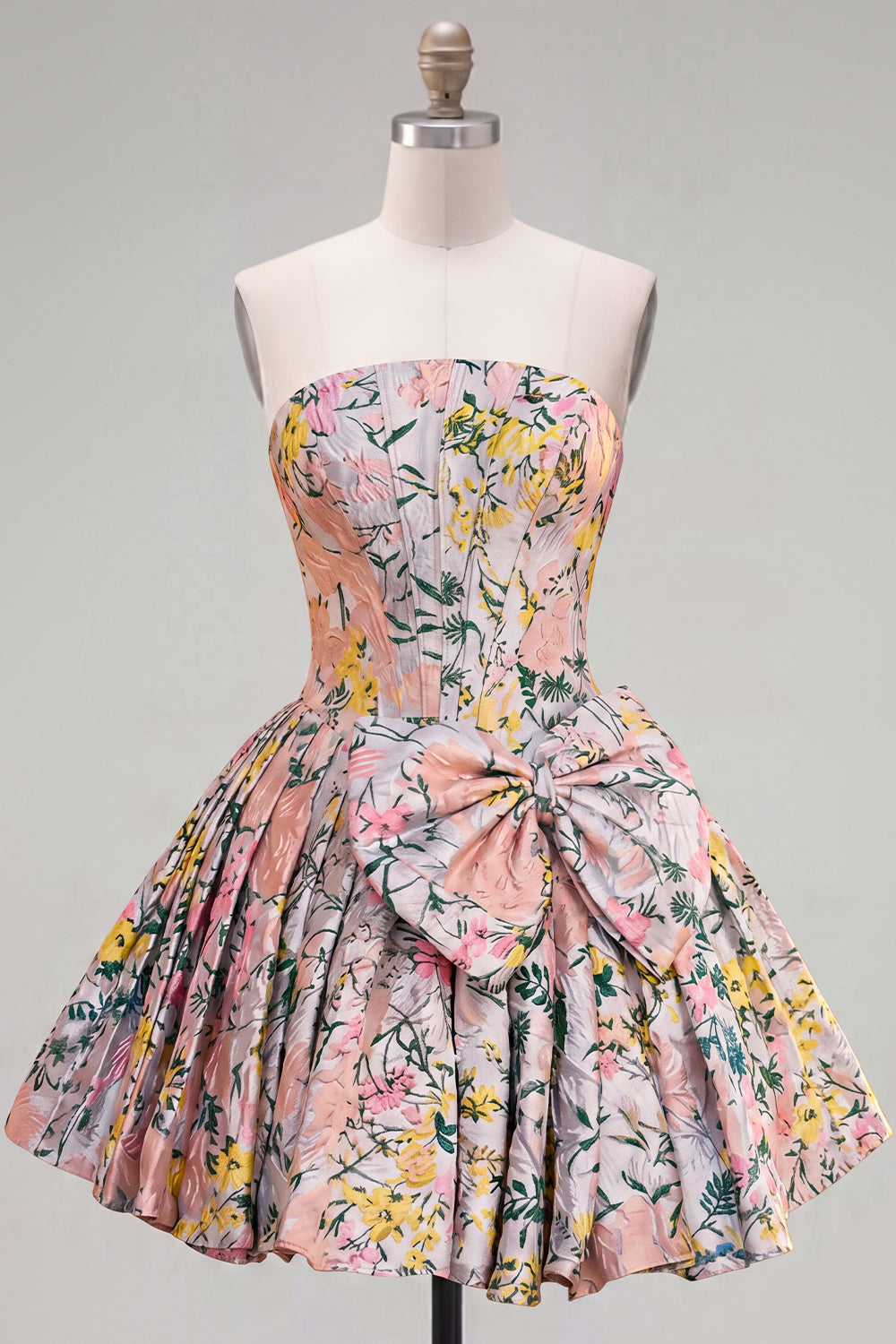 A-Line Grey Corset Floral Strapless Jacquard Homecoming Dress with Bow
