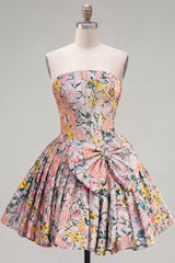 A-Line Grey Corset Floral Strapless Jacquard Homecoming Dress with Bow
