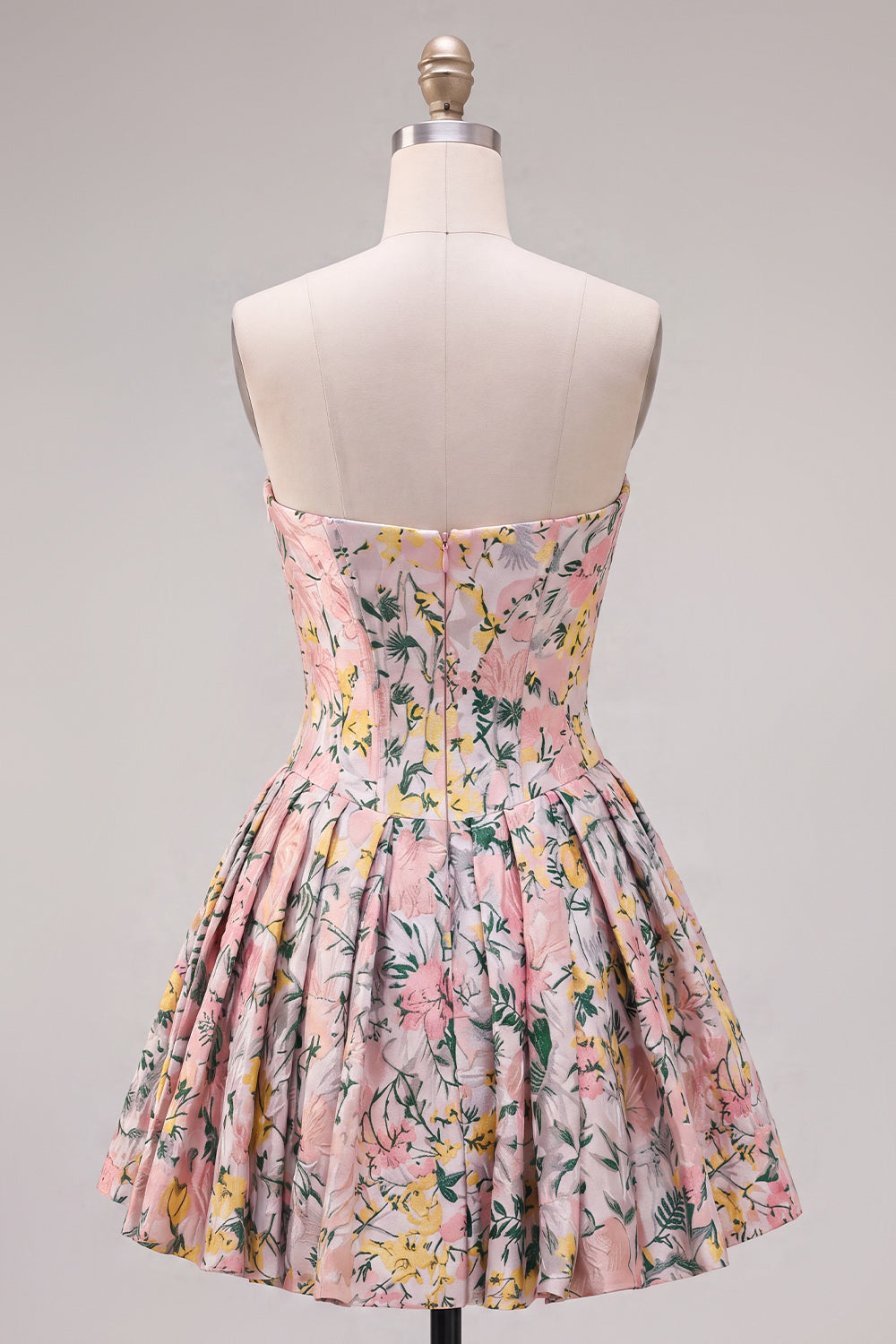 A-Line Grey Corset Floral Strapless Jacquard Homecoming Dress with Bow