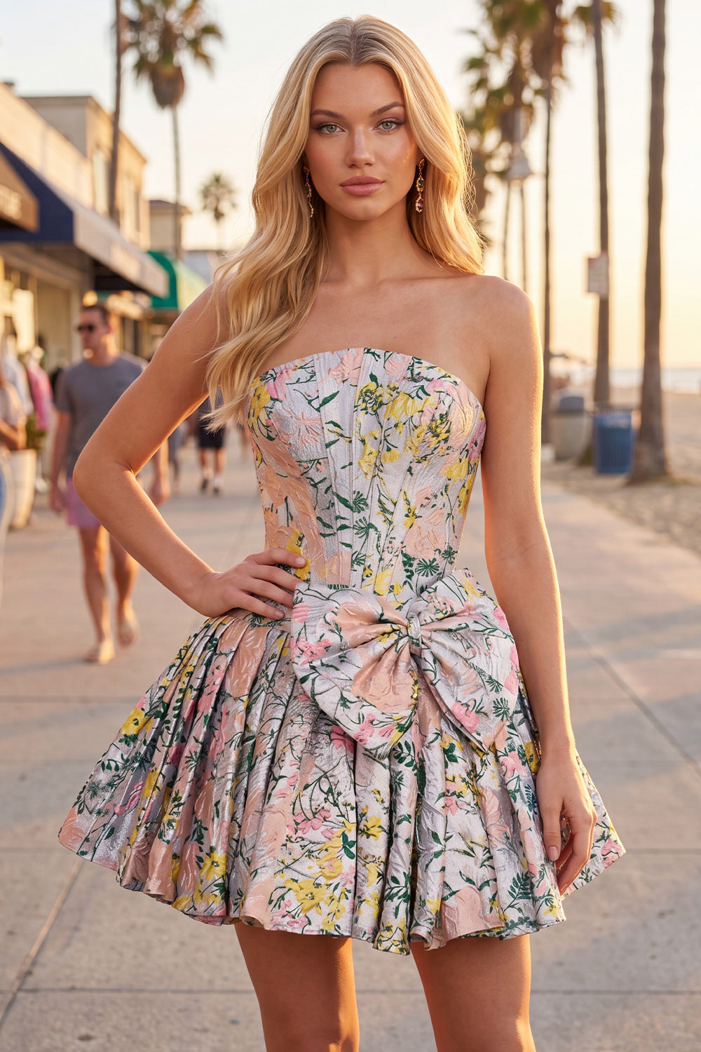 A-Line Grey Corset Floral Strapless Jacquard Homecoming Dress with Bow