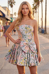 A-Line Grey Corset Floral Strapless Jacquard Homecoming Dress with Bow