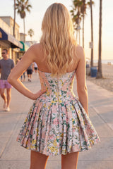 A-Line Grey Corset Floral Strapless Jacquard Homecoming Dress with Bow