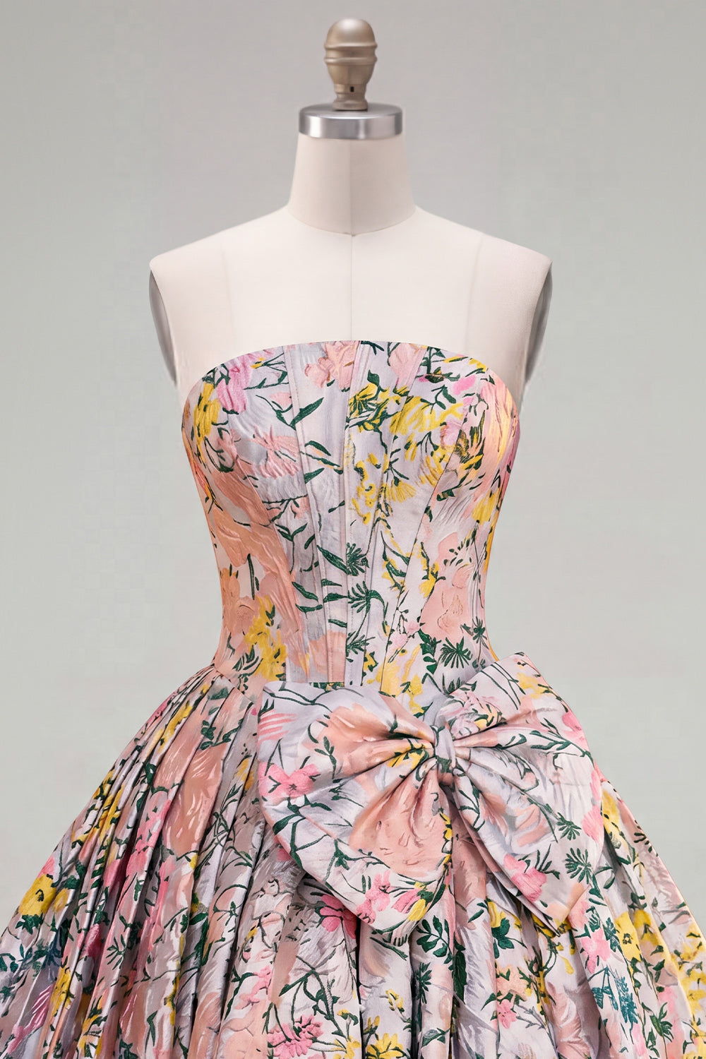 A-Line Grey Corset Floral Strapless Jacquard Homecoming Dress with Bow