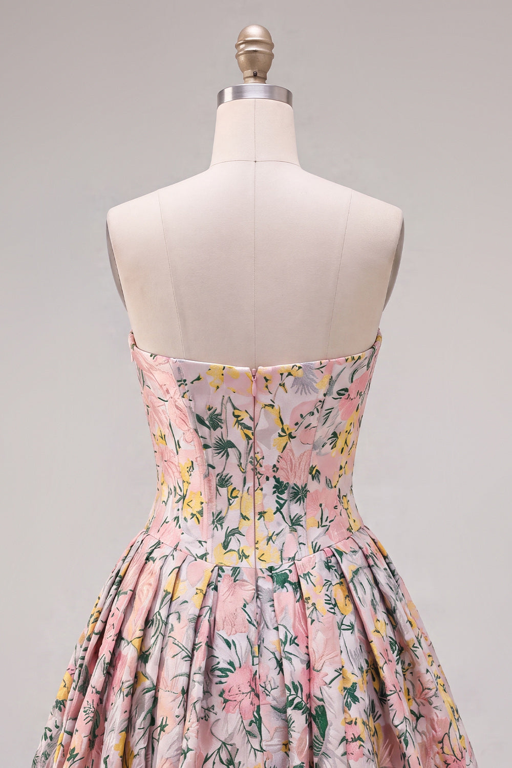 A-Line Grey Corset Floral Strapless Jacquard Homecoming Dress with Bow