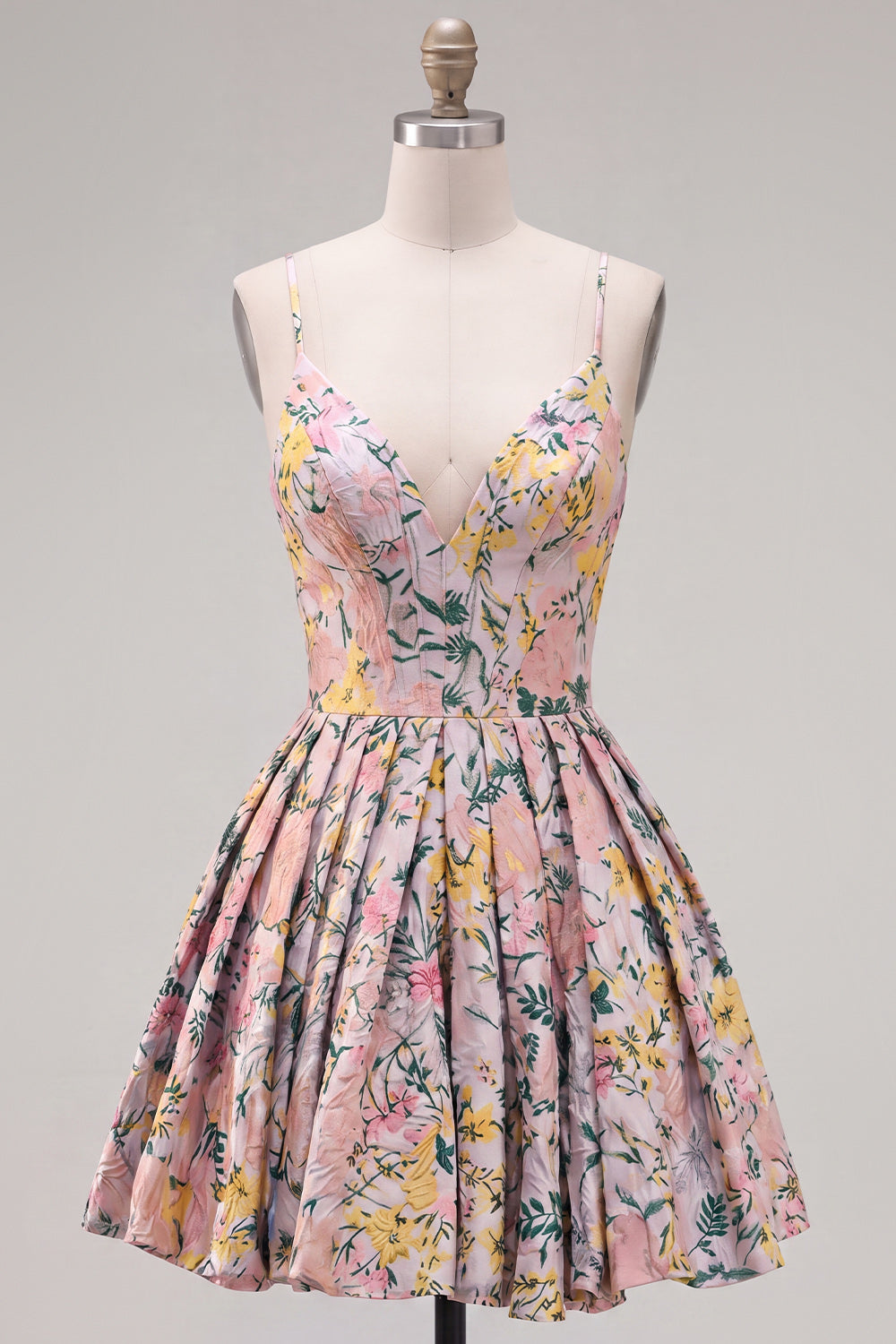 A-Line Grey Floral Spaghetti Straps Backless Short Homecoming Dress