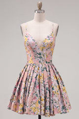 A-Line Grey Floral Spaghetti Straps Backless Short Homecoming Dress