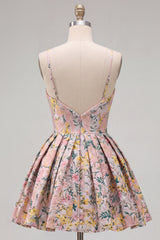 A-Line Grey Floral Spaghetti Straps Backless Short Homecoming Dress