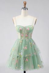 A-Line Tulle Floral Corset Embroidery Short Green Homecoming Dress with Bow