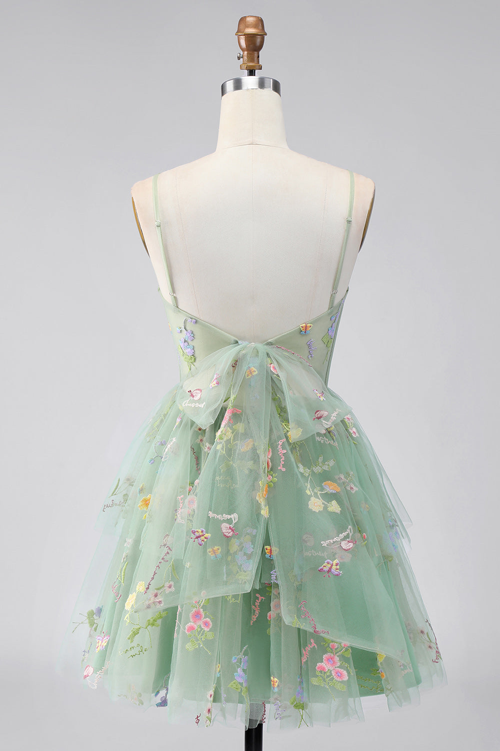 A-Line Tulle Floral Corset Embroidery Short Green Homecoming Dress with Bow