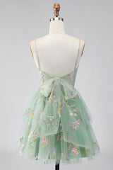 A-Line Tulle Floral Corset Embroidery Short Green Homecoming Dress with Bow