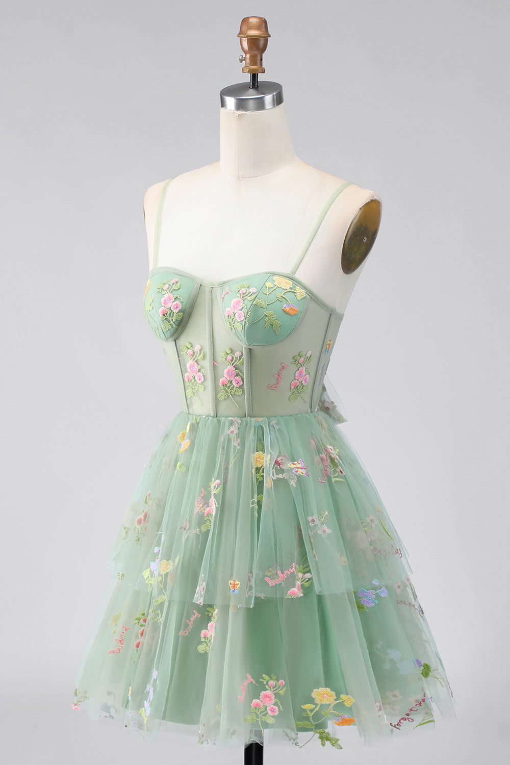 A-Line Tulle Floral Corset Embroidery Short Green Homecoming Dress with Bow