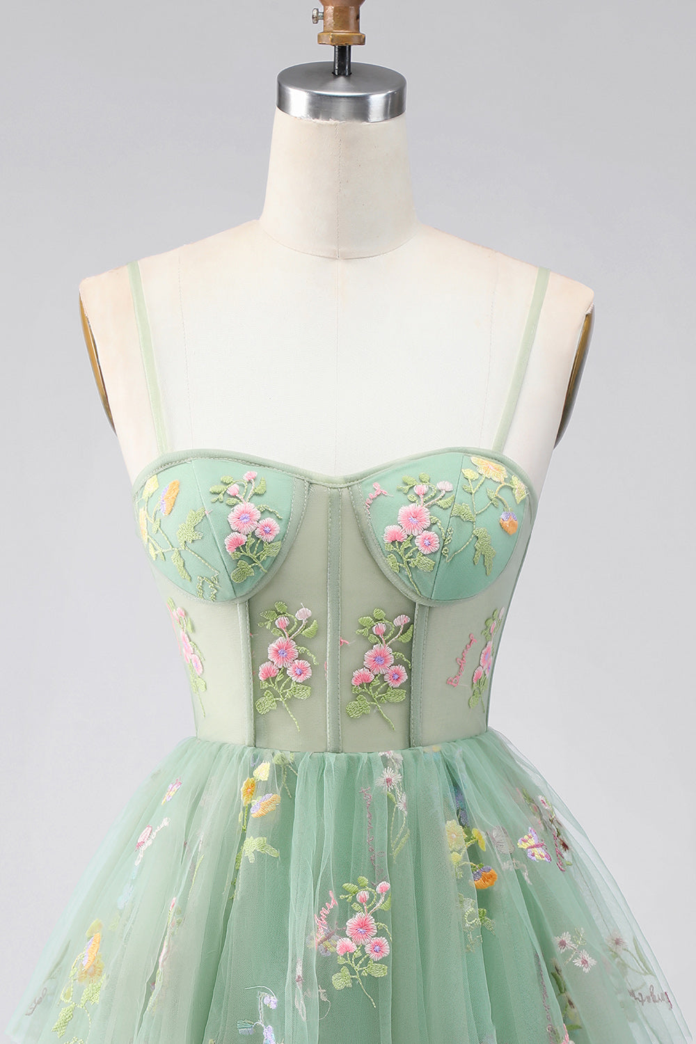 A-Line Tulle Floral Corset Embroidery Short Green Homecoming Dress with Bow