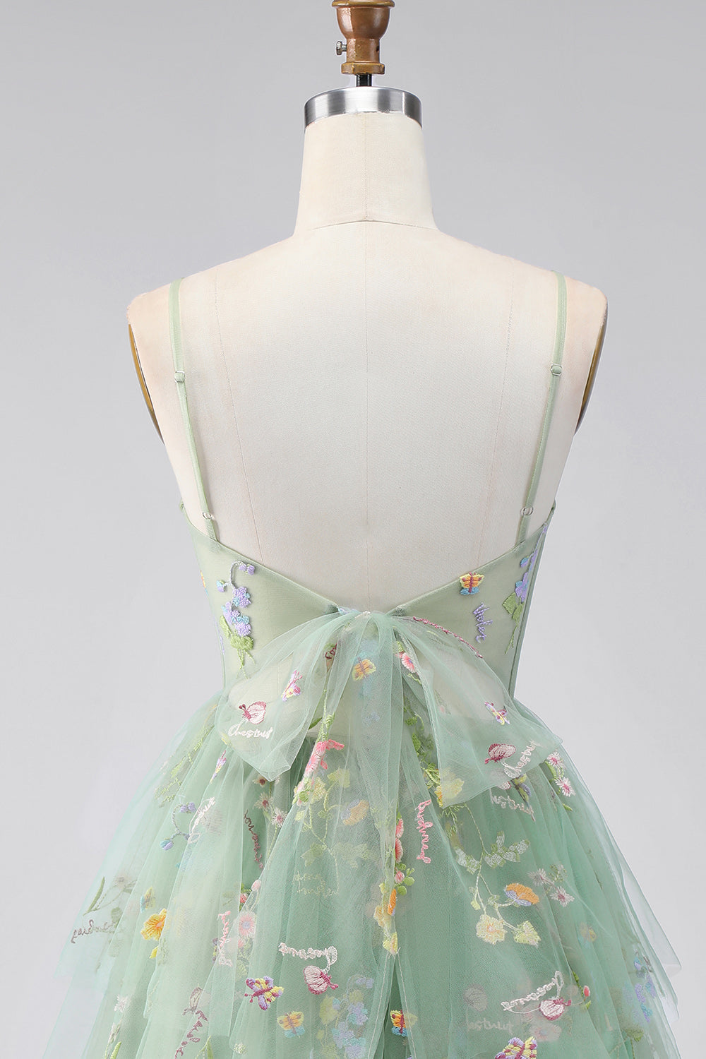 A-Line Tulle Floral Corset Embroidery Short Green Homecoming Dress with Bow