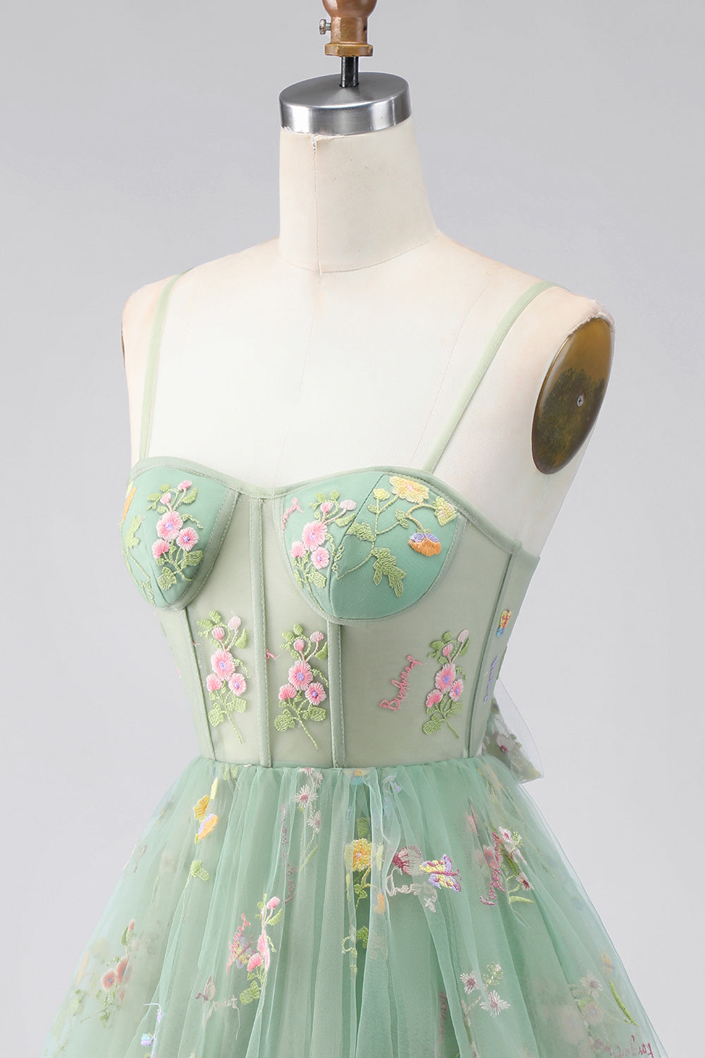 A-Line Tulle Floral Corset Embroidery Short Green Homecoming Dress with Bow