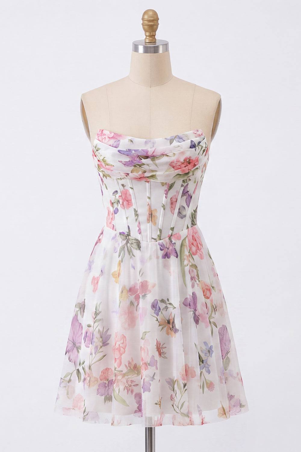 A-Line Strapless Ivory Floral Chiffon Ruched Corset Homecoming Dress