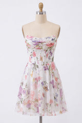 A-Line Strapless Ivory Floral Chiffon Ruched Corset Homecoming Dress