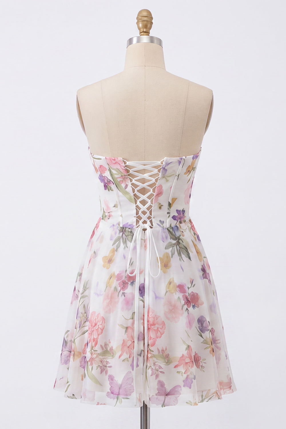 A-Line Strapless Ivory Floral Chiffon Ruched Corset Homecoming Dress