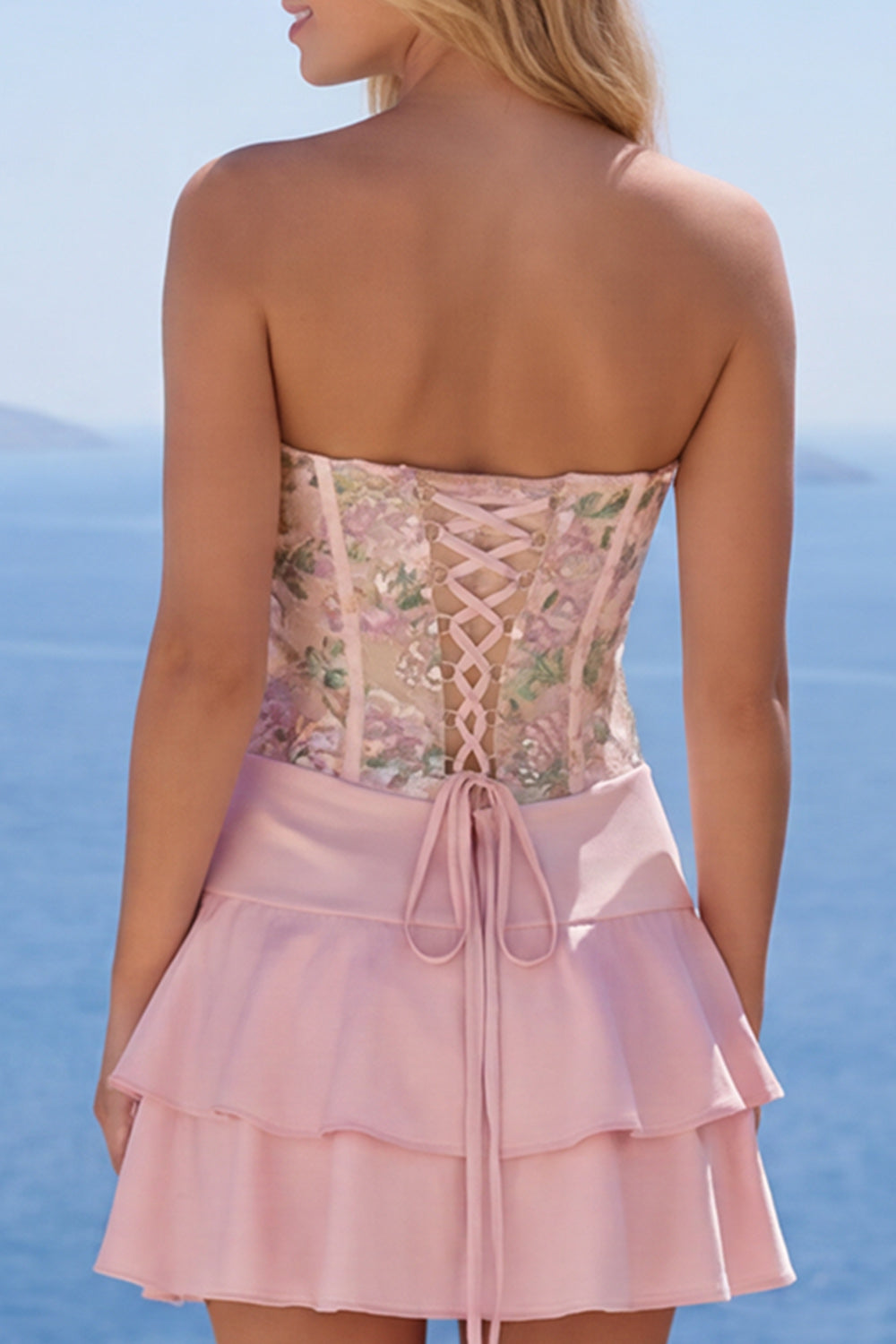 A-Line Pink Floral Spaghetti Straps Homecoming Dress with Ruffles