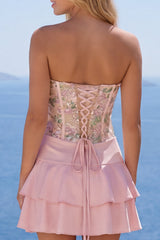 A-Line Pink Floral Spaghetti Straps Homecoming Dress with Ruffles