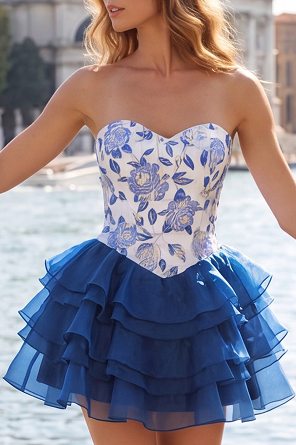 A-Line Gold and Black Sweetheart Floral Tiered Homecoming Dress with Lace Up Back