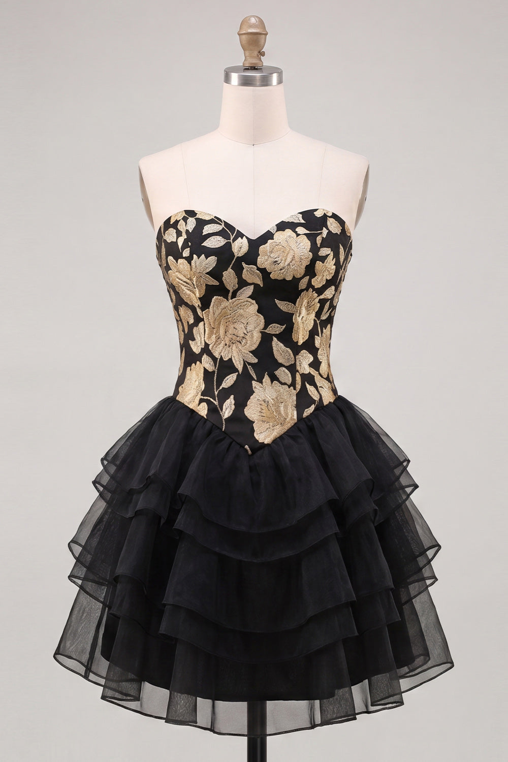 A-Line Gold and Black Sweetheart Floral Tiered Homecoming Dress with Lace Up Back