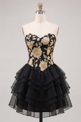 A-Line Gold and Black Sweetheart Floral Tiered Homecoming Dress with Lace Up Back