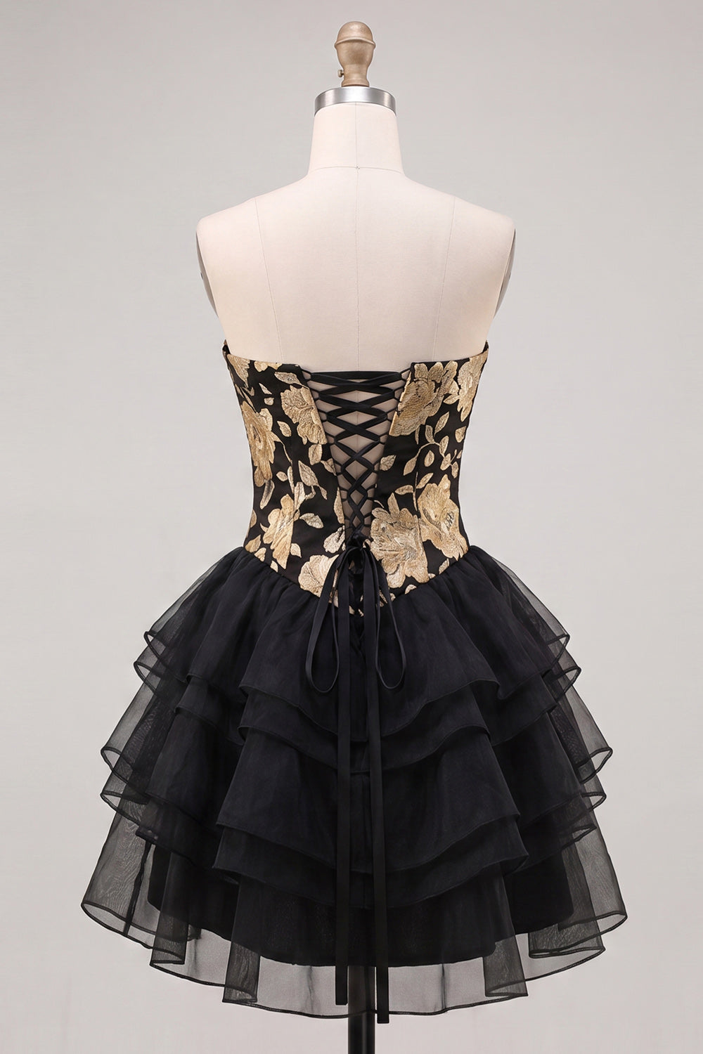 A-Line Gold and Black Sweetheart Floral Tiered Homecoming Dress with Lace Up Back