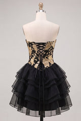A-Line Gold and Black Sweetheart Floral Tiered Homecoming Dress with Lace Up Back