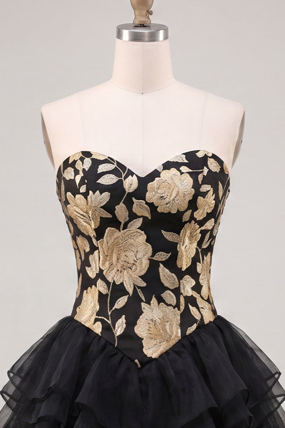 A-Line Gold and Black Sweetheart Floral Tiered Homecoming Dress with Lace Up Back