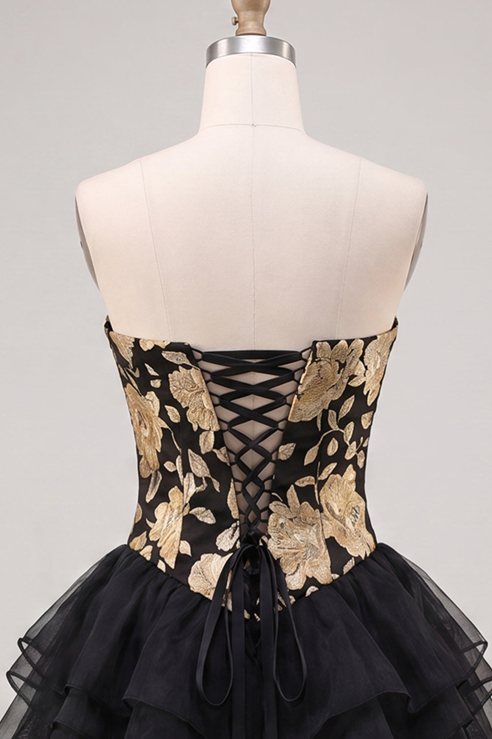 A-Line Gold and Black Sweetheart Floral Tiered Homecoming Dress with Lace Up Back
