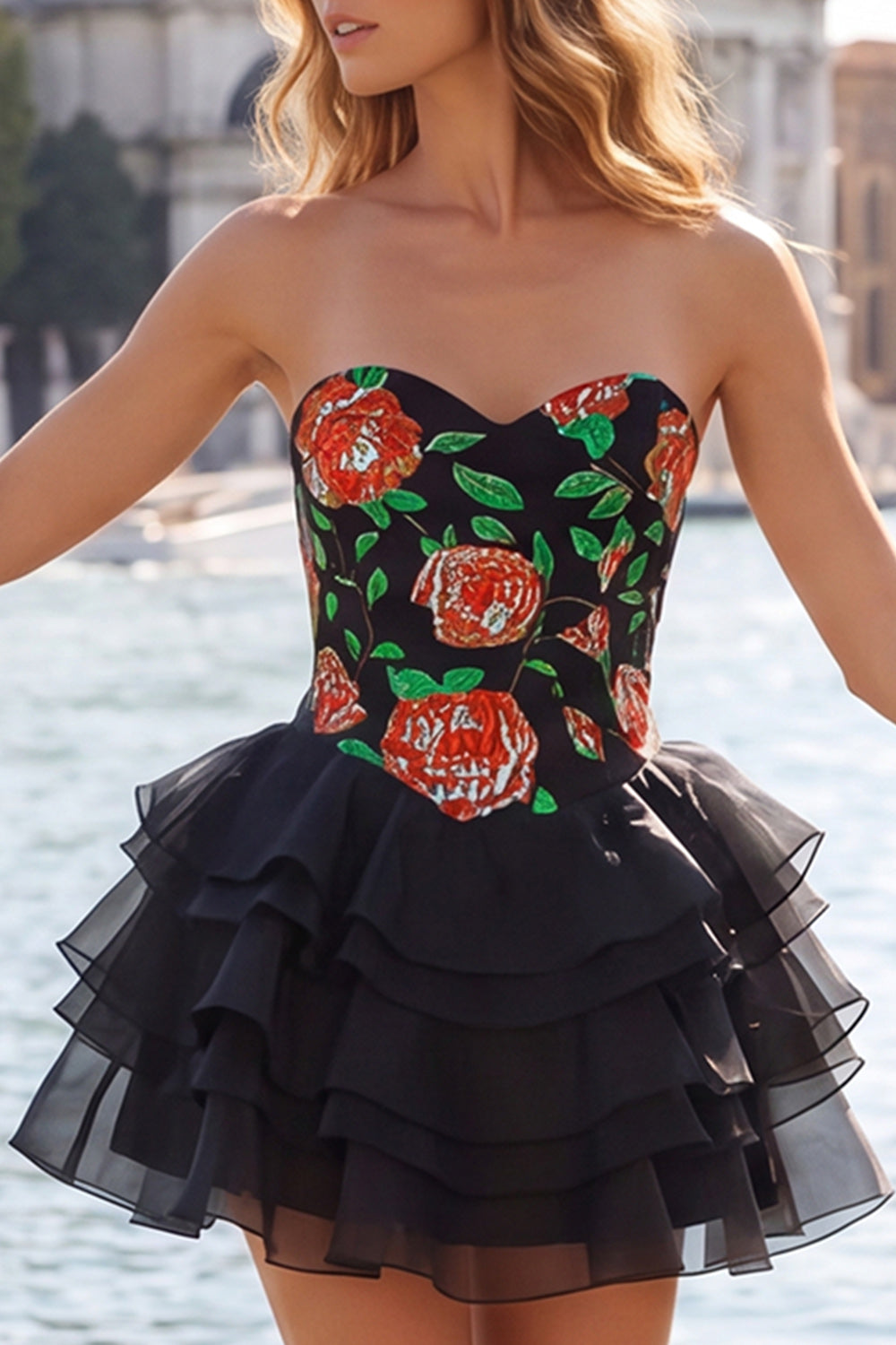 A-Line Gold and Black Sweetheart Floral Tiered Homecoming Dress with Lace Up Back