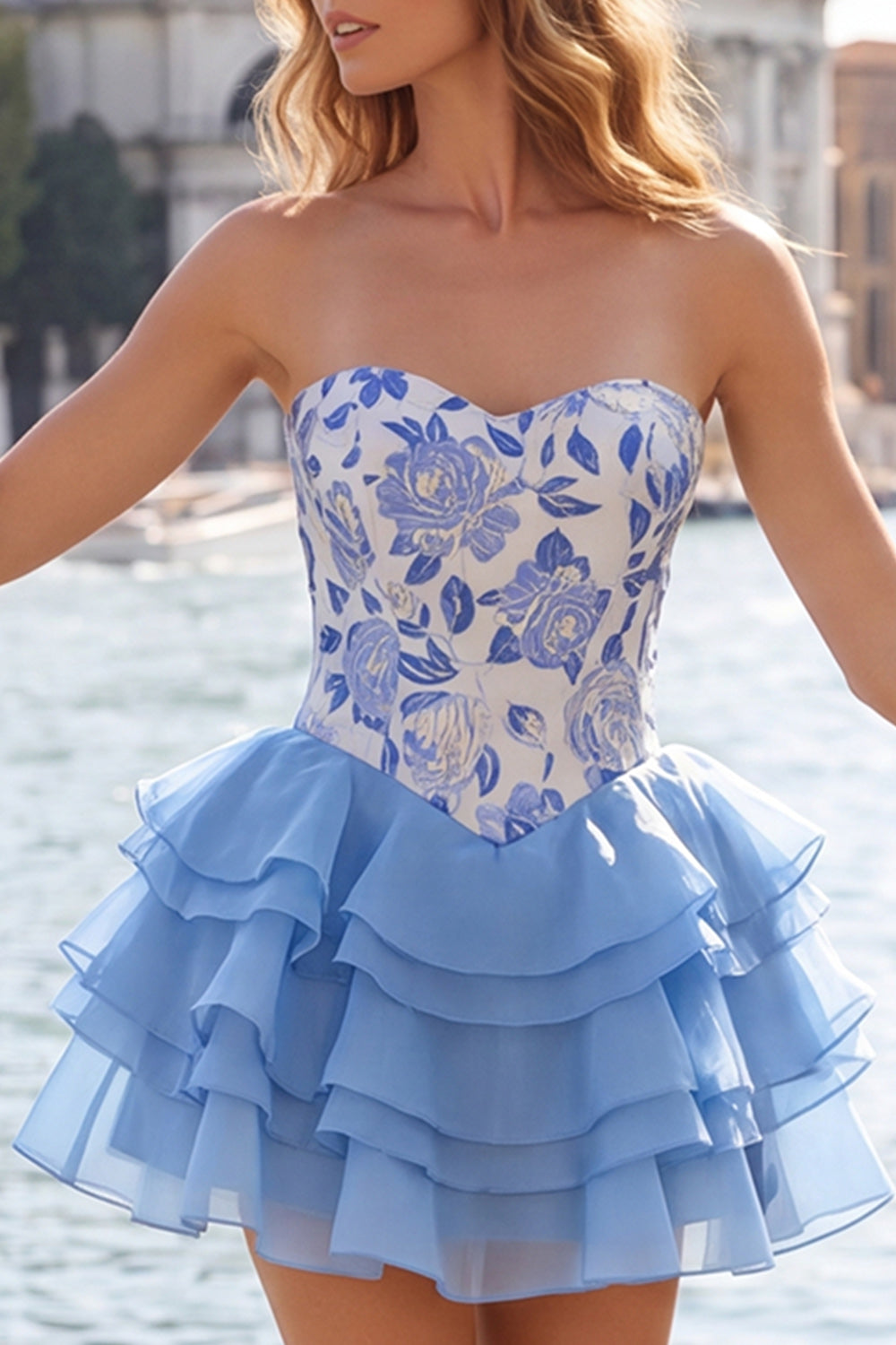 A-Line Gold and Black Sweetheart Floral Tiered Homecoming Dress with Lace Up Back