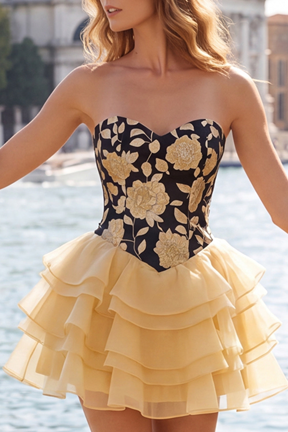 A-Line Gold and Black Sweetheart Floral Tiered Homecoming Dress with Lace Up Back