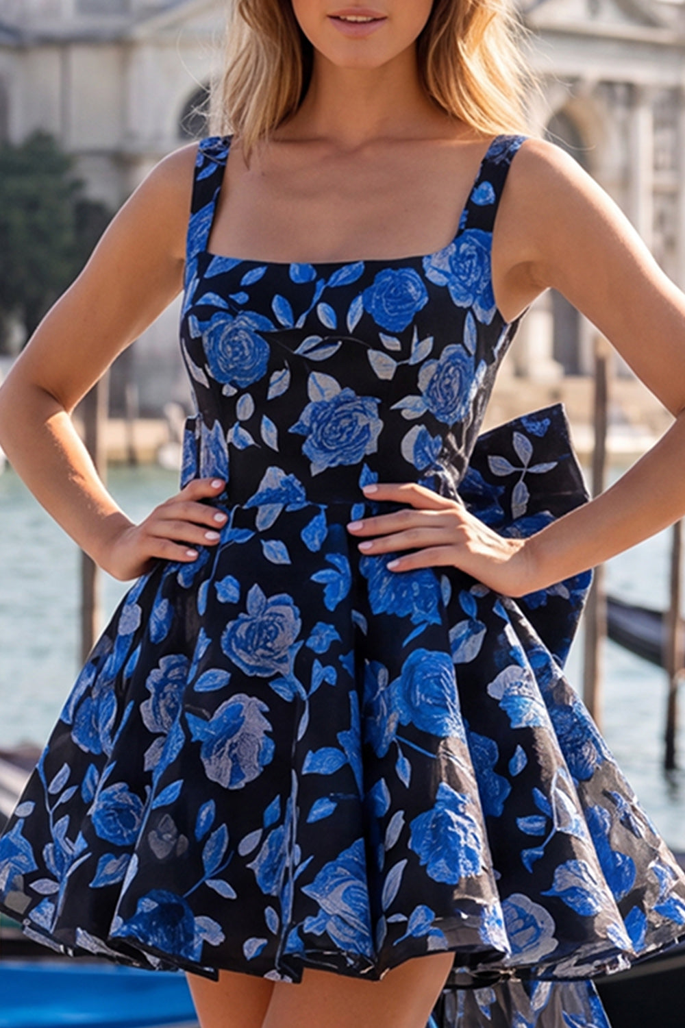 A-Line Light Blue Square Neck Jacquard Bow Homecoming Dress with Lace Up Back