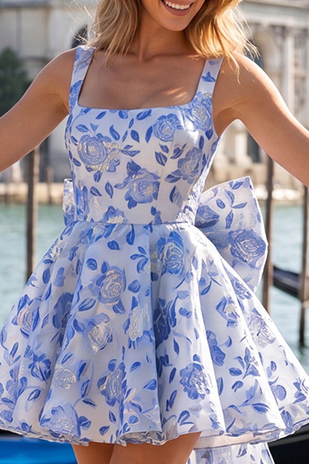 A-Line Light Blue Square Neck Jacquard Bow Homecoming Dress with Lace Up Back