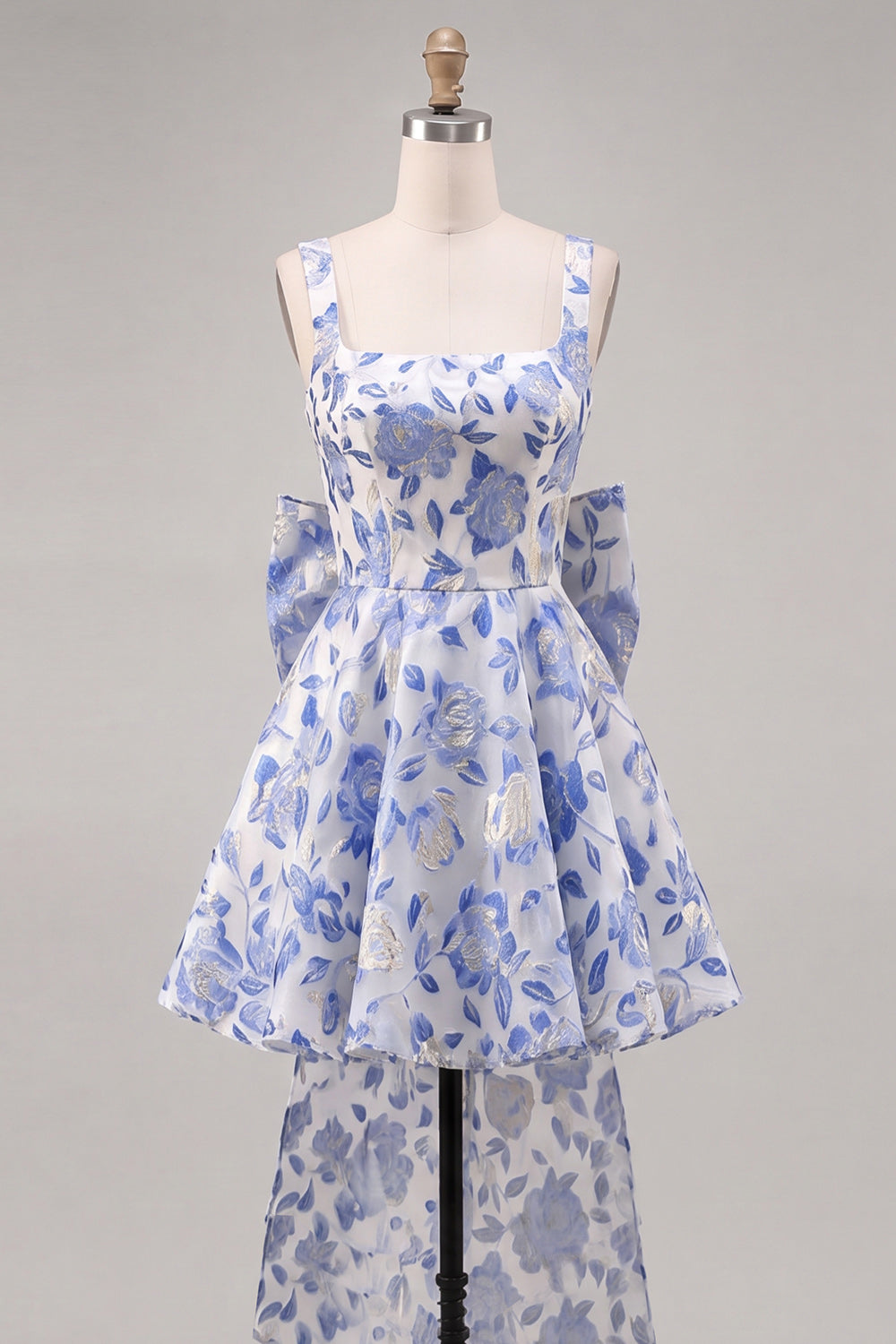 A-Line Light Blue Square Neck Jacquard Bow Homecoming Dress with Lace Up Back