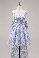 A-Line Light Blue Square Neck Jacquard Bow Homecoming Dress with Lace Up Back