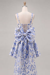 A-Line Light Blue Square Neck Jacquard Bow Homecoming Dress with Lace Up Back