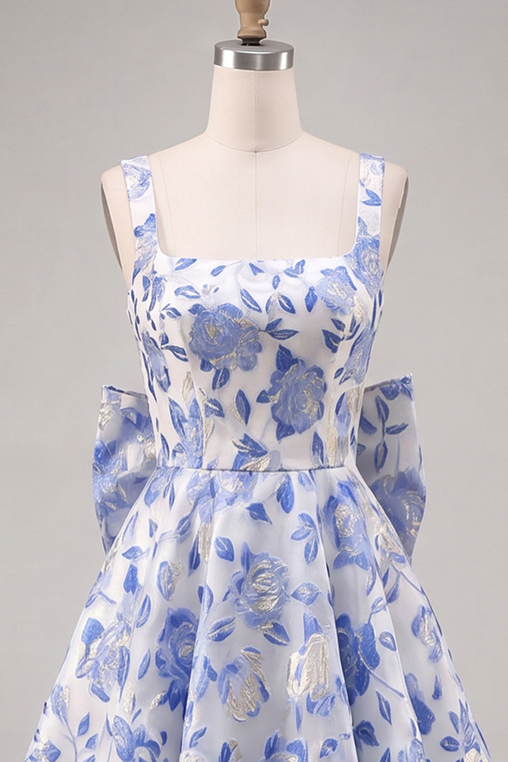 A-Line Light Blue Square Neck Jacquard Bow Homecoming Dress with Lace Up Back