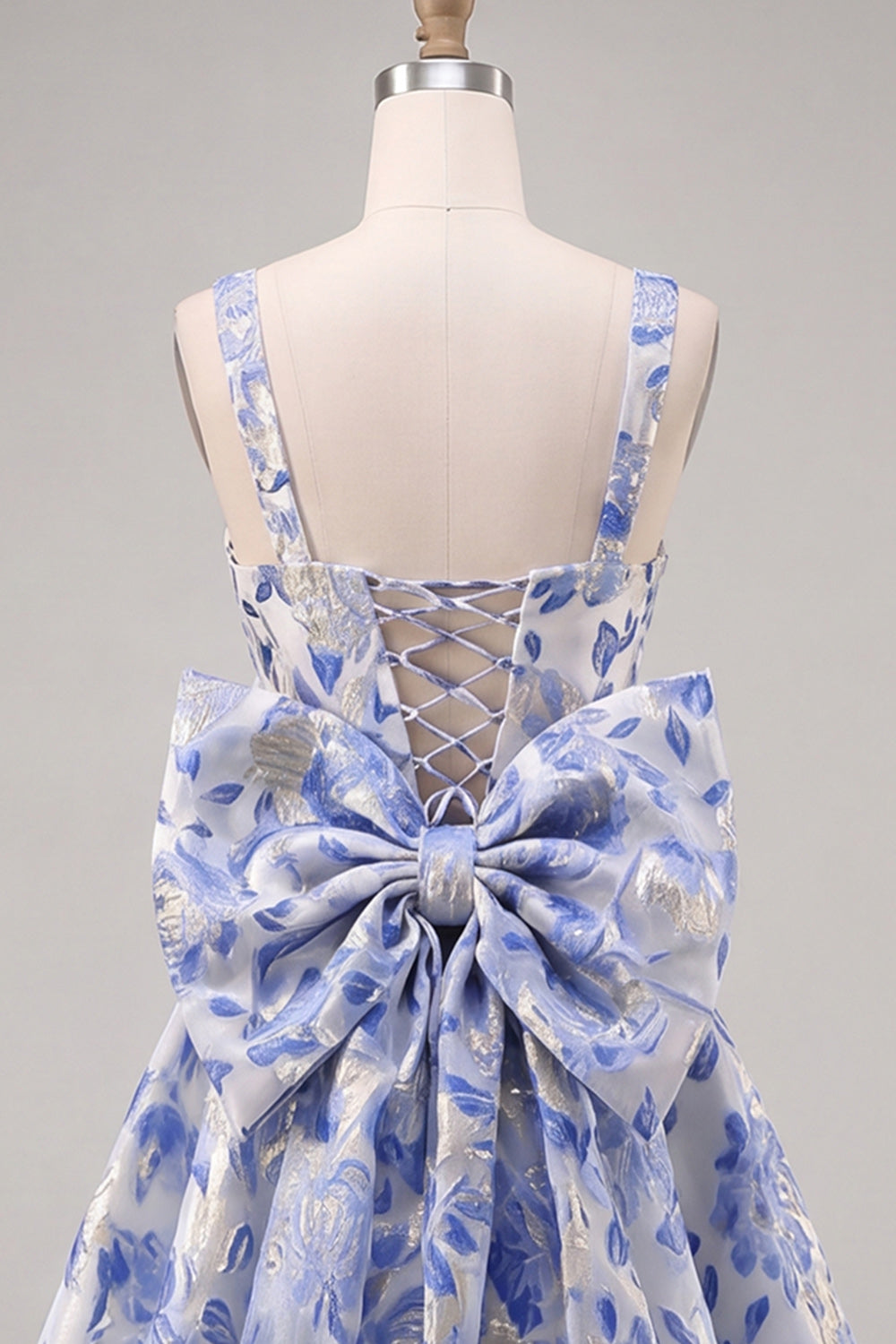 A-Line Light Blue Square Neck Jacquard Bow Homecoming Dress with Lace Up Back