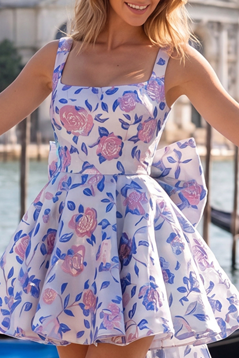 A-Line Light Blue Square Neck Jacquard Bow Homecoming Dress with Lace Up Back