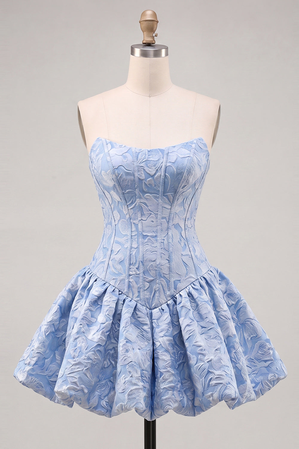 A-Line Blue Jacquard Floral Corset Strapless Homecoming Dress
